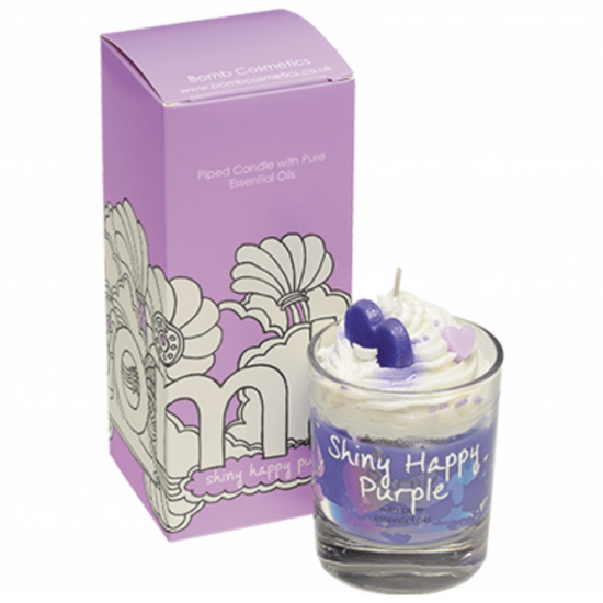 Shiny happy purple piped candle in box